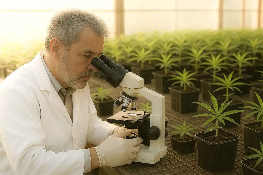 Scientist in a cannabis cultivation lab using a microscope to analyse plant samples for medical cannabis research in the UK
