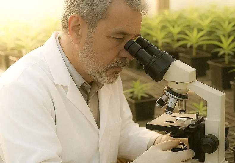 Scientist in a cannabis cultivation lab using a microscope to analyse plant samples for medical cannabis research in the UK