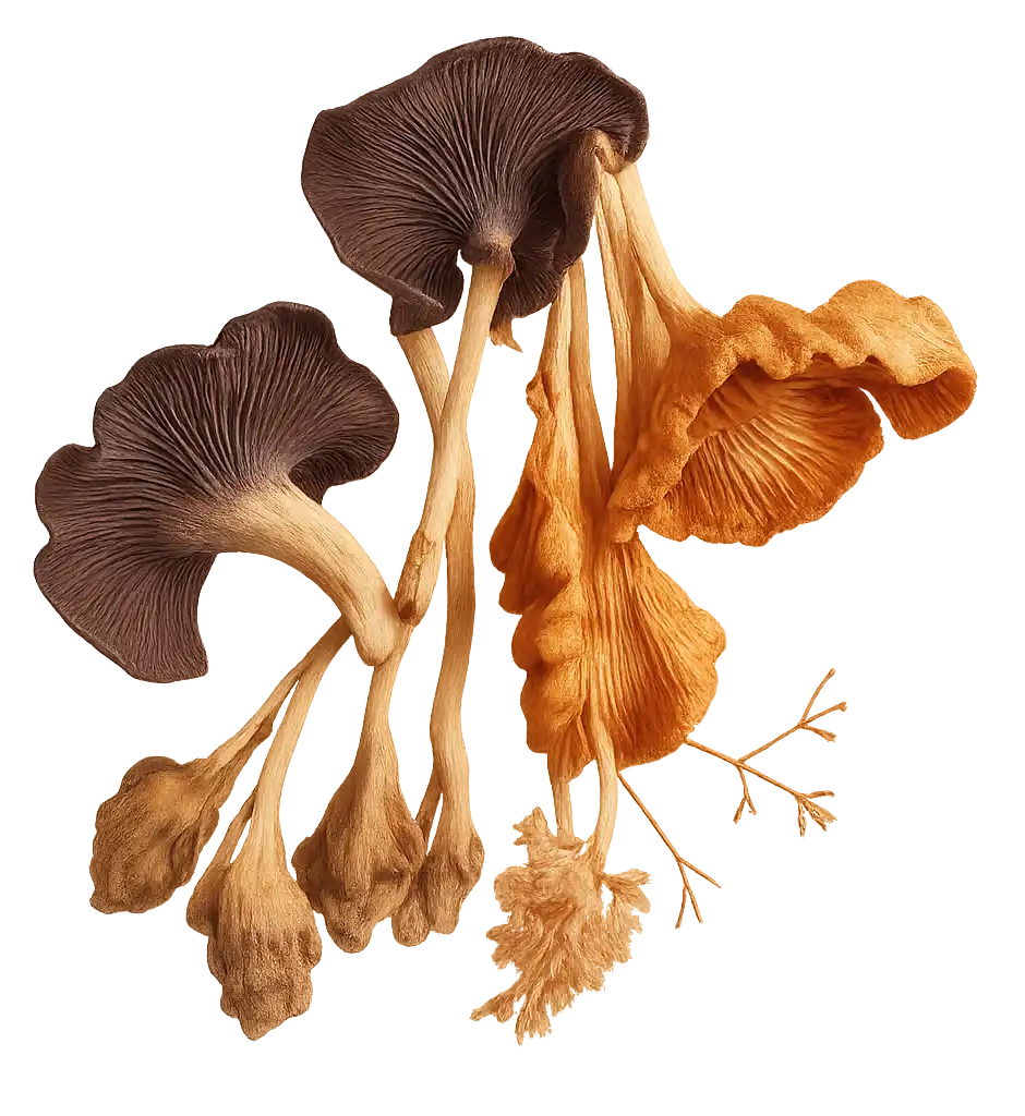 Assorted dried functional mushrooms including Chanterelles and Black Trumpets used in GCF Pharma UK supplements